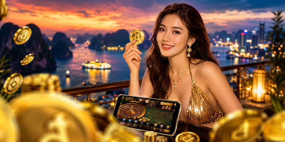 Người chơi đặt cược qua điện thoại với phong cảnh vịnh Hạ Long phía sau